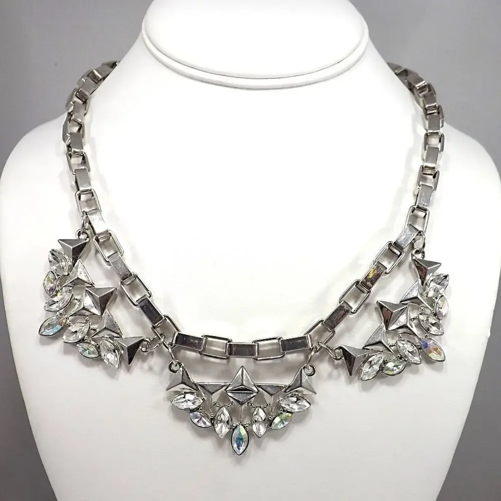 Silver Tone Statement Necklace, Aurora Borealis Rhinestones, 20 Inches